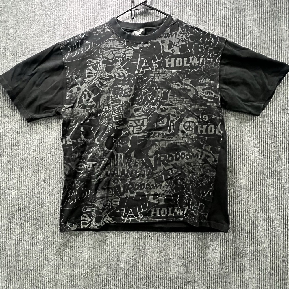 Vintage Avirex Comic Book Style Design Men's Black Short Sleeve Shirt Size XL